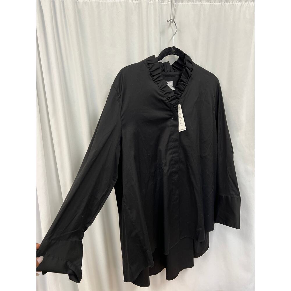 CHICO’S Ruffle-Neck Tunic Women Sz 16/18 Stretch Poplin Button Down Long Sleeves